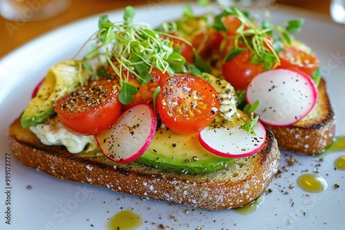 Delicious avocado toast topped with fresh tomatoes, radishes, and microgreens, perfect for a healthy meal or snack.