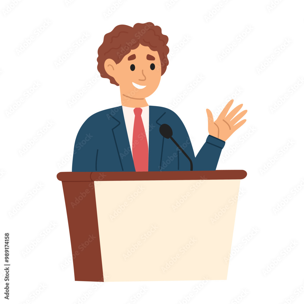 Young man in suit speaking from tribune vector illustration. Cartoon man speaking from tribune. Young man in suit speaking from tribune vector illustration. Cartoon man speaking from tribune.