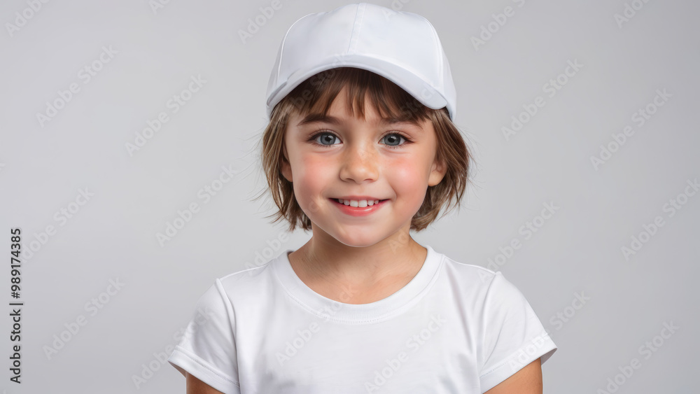 Little girl with short hair wearing white t-shirt and white baseball cap isolated on grey background Little girl with short hair wearing white t-shirt and white baseball cap isolated on grey background