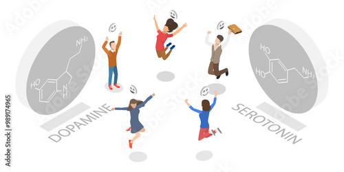 3D Isometric Flat Illustration of Human Hormones Production, Dopamine and Serotonin