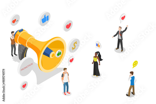 3D Isometric Flat Illustration of Business Advertising Promotion, PR Agency