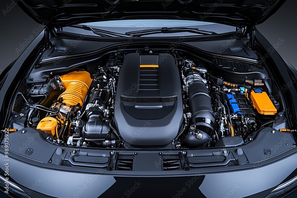 Fototapeta premium A carâ€™s engine bay, with the hood open and all the complex parts exposed, showing mechanical intricacies