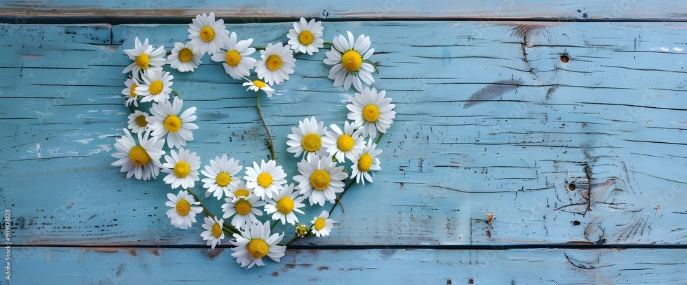 Obraz premium Daisy Heart on Blue Wooden Background