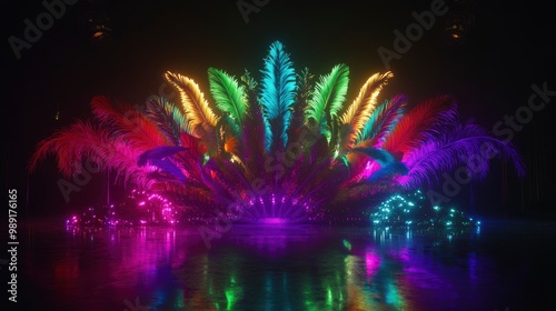 A feathered carnival headdress in neon colors, displayed under stage lights, vibrant club lighting