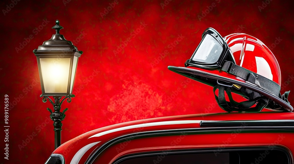 Fototapeta premium A firefighterâ€™s helmet with an attached visor, sitting on a truck step, glowing streetlight