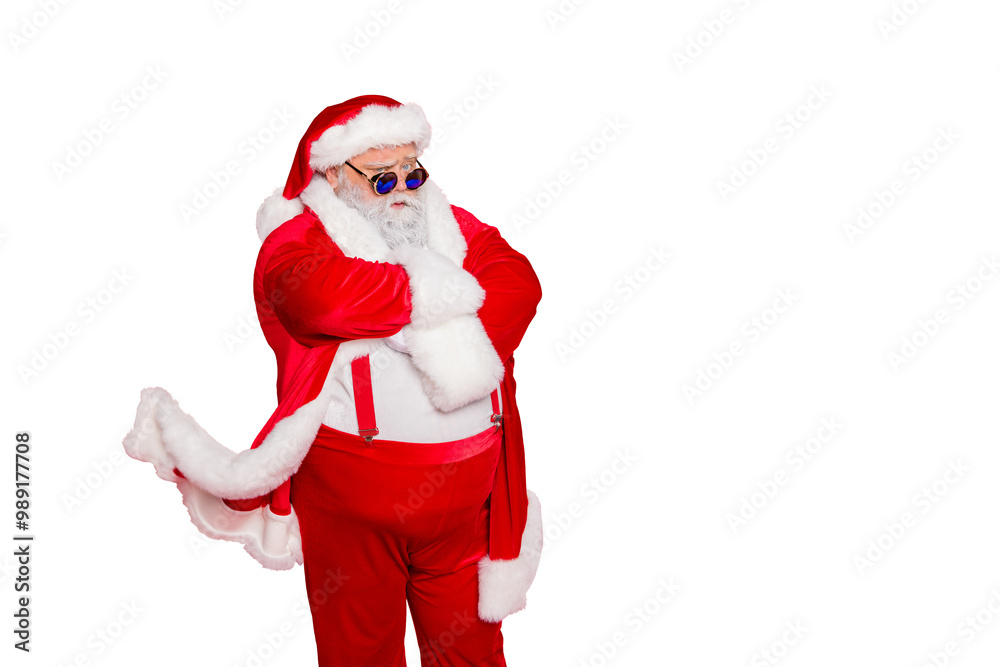 Photo of cool concentrated serious modern wearing fur cap holding arms crossed waiting for you flying coat suspenders trousers pants isolated bright background copy empty space Photo of cool concentrated serious modern wearing fur cap holding arms crossed waiting for you flying coat suspenders trousers pants isolated bright background copy empty space
