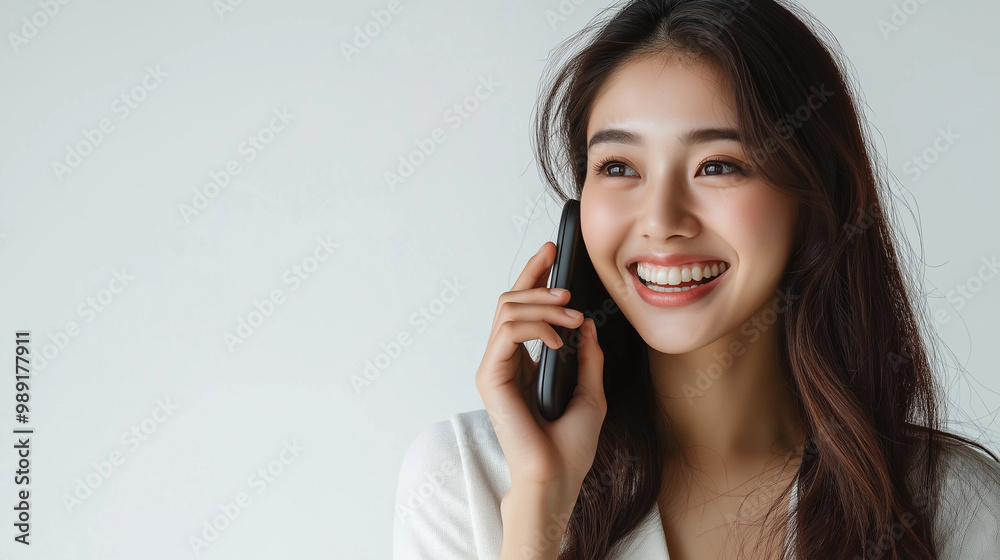 Focus on the face of beautiful woman who is happy, talking on the phone, the white background. Generative AI Illustration. Focus on the face of beautiful woman who is happy, talking on the phone, the white background. Generative AI Illustration.