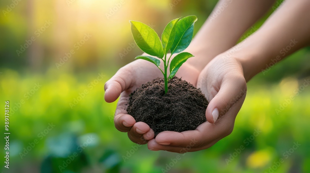 Hands Holding Young Plant Sapling in Soil Against Blurred Green Background Hands Holding Young Plant Sapling in Soil Against Blurred Green Background