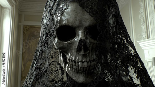 A gothic black lace veil with intricate patterns, draped over a skull, dim candlelit room photo