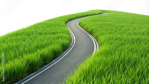 Winding road is surrounded by vibrant green grass, symbolizing new beginnings and a hopeful future