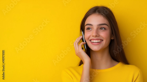 Focus on the face of beautiful woman who is happy, talking on the phone, the yellow background. Generative AI Illustration.