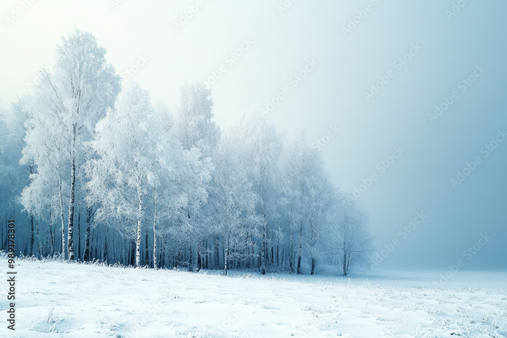 Fototapeta premium Beautiful winter landscape with trees covered in frost at the right of a foggy ground, misty morning light, serene and peaceful atmosphere, snow-covered meadow, blue sky, white color palette. 
