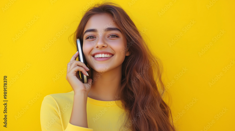 Focus on the face of beautiful woman who is happy, talking on the phone, the yellow background. Generative AI Illustration. Focus on the face of beautiful woman who is happy, talking on the phone, the yellow background. Generative AI Illustration.