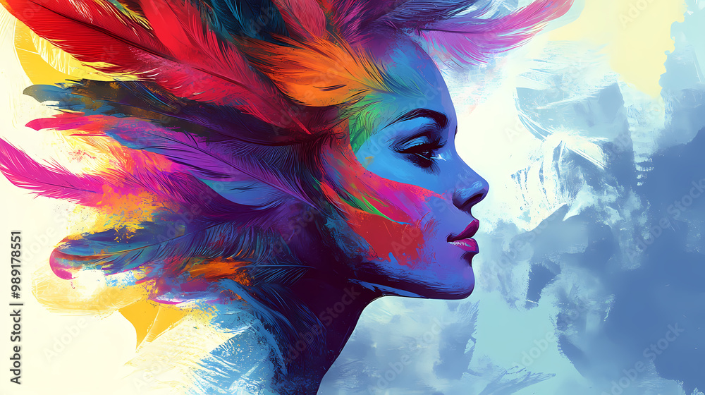 Fototapeta premium An abstract portrait of a woman with vibrant feathers in her hair, blending natural and surreal elements to create a captivating visual. Surreal Portrait. Illustration