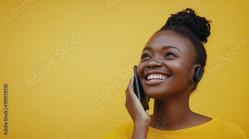 Focus on the face of beautiful woman who is happy, talking on the phone, the yellow background. Generative AI Illustration.