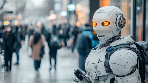 Wallpaper Mural A human-like robot interacting with people in a modern urban setting, glowing eyes and smooth white casing Torontodigital.ca