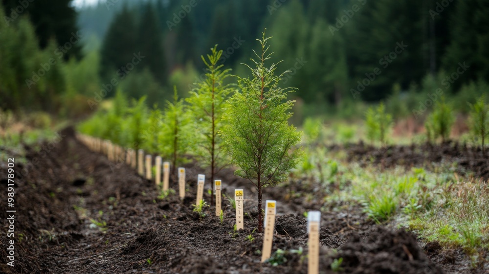 A row of young trees recently planted in a reforestation project, with markers placed next to each sapling, showing the beginning of forest regeneration. A row of young trees recently planted in a reforestation project, with markers placed next to each sapling, showing the beginning of forest regeneration.