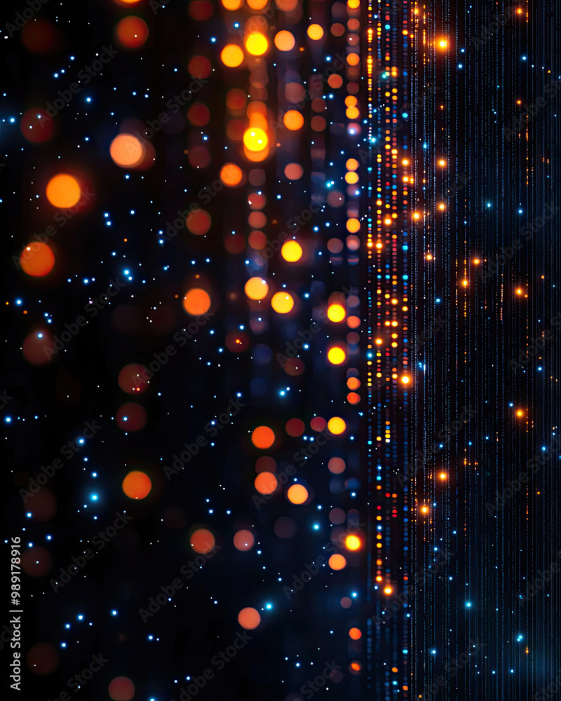 Abstract composition with glowing orbs and glowing particles on a dark background.