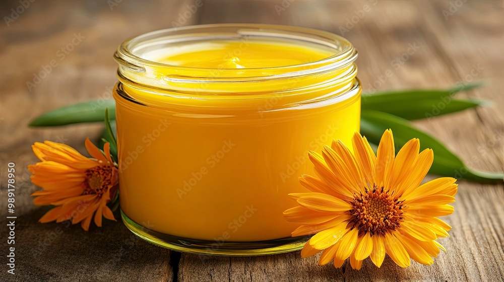 A jar of eco-friendly ointment made from calendula and beeswax, placed on a wooden surface with fresh calendula flowers nearby