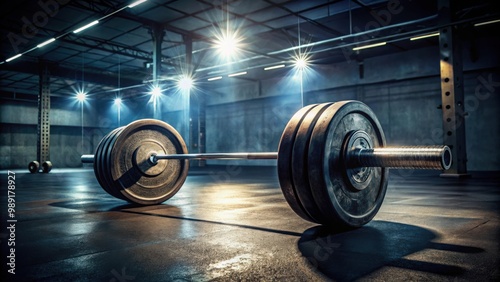 A barbell loaded with heavy weights in a dimly lit gym, reflecting strength and determination