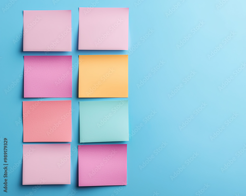 Colorful sticky notes arranged neatly on a blue background.