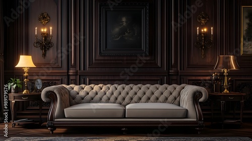 Elegant and luxurious Victorian era interior with ornate tufted sofa ornamental wall panels antique painting chandelier and other high end furnishings creating a dramatic moody