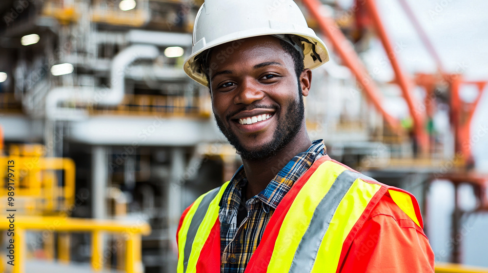 Smiling worker in safety gear, industrial setting Smiling worker in safety gear, industrial setting