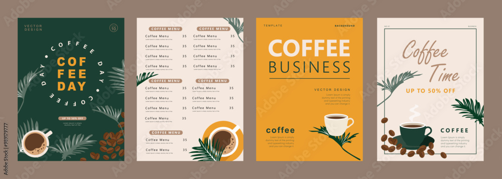 Naklejka premium Set of banners design with coffee beans, mug and leaves on minimal background for invitations, cards, banner, poster, cover, cafe menu or another template. Vector illustration.