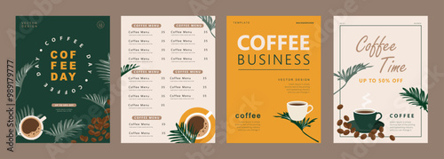 Set of banners design with coffee beans, mug and leaves on minimal background for invitations, cards, banner, poster, cover, cafe menu or another template. Vector illustration.