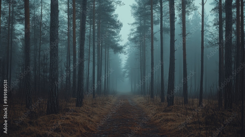 Fototapeta premium A misty forest path lined with tall pine trees, fog drifting between the trunks, soft ambient light