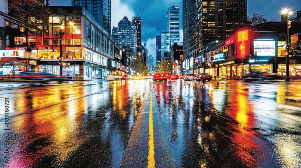 Obraz premium A modern city street at night, neon signs reflecting off the wet pavement, cars and people moving through the scene