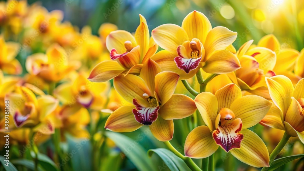 Fototapeta premium Closeup of vibrant yellow Cymbidium boat orchid flowers in a tranquil orchid garden setting