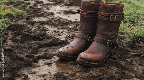 A pair of leather boots with buckles, sitting on a mud-covered trail, harsh afternoon light