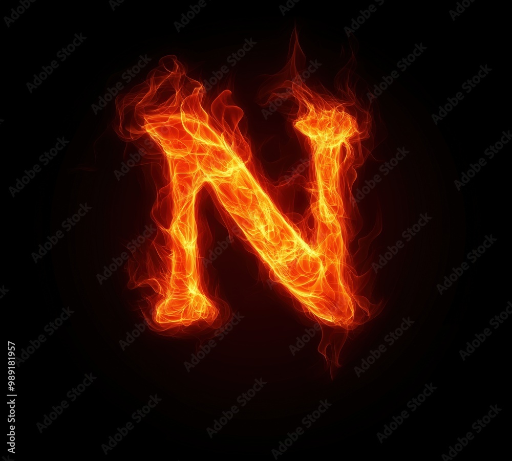 Letter N in fire effect on a dark background, fiery text Letter N in fire effect on a dark background, fiery text