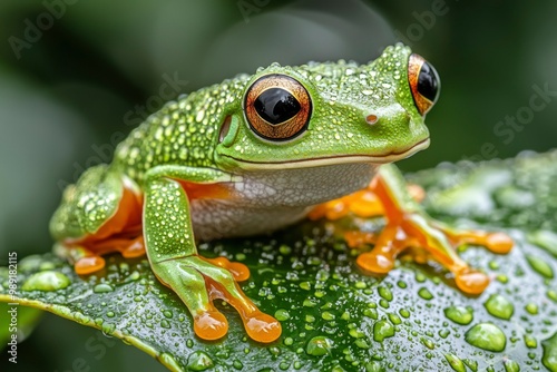 Green Tree Frog Resting on a Dew-Covered Leaf