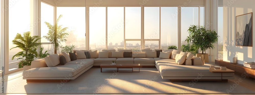 Fototapeta premium Spacious and bright modern living room interior with minimalist furniture large windows and scenic landscape views