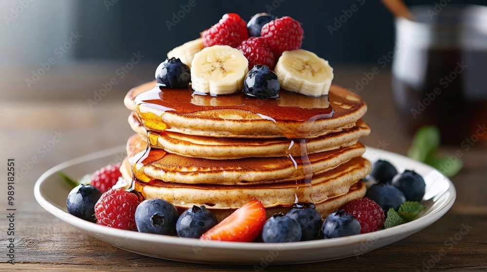 A stack of fluffy whole grain pancakes topped with fresh berries, banana slices, and a drizzle of maple syrup, on a wooden breakfast table A stack of fluffy whole grain pancakes topped with fresh berries, banana slices, and a drizzle of maple syrup, on a wooden breakfast table