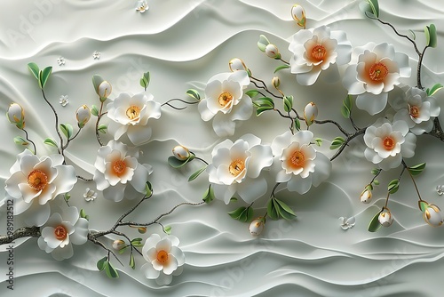 A white office chair with tulip petals, set in a minimalist white environment with a small white sculpture in the middle.