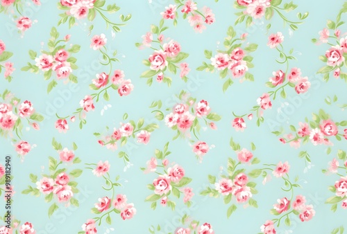 Seamless Vintage Floral Pattern Light Blue Fabric