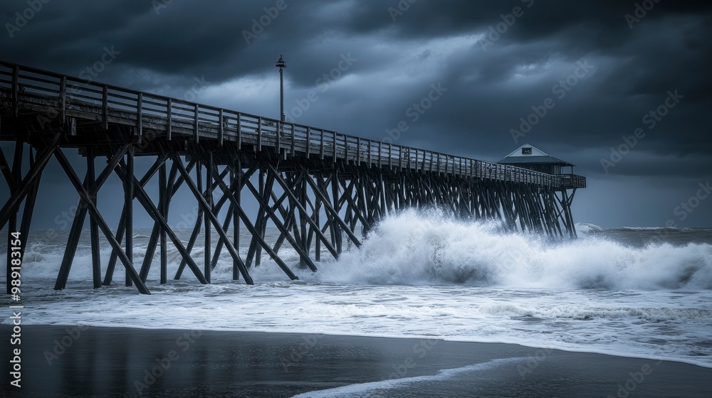 A pier abandoned in a rainstorm, waves crashing against it, the sky dark and ominous A pier abandoned in a rainstorm, waves crashing against it, the sky dark and ominous