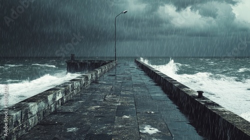 A pier battered by relentless waves, rain pouring down, the sea churning under the stormy sky photo