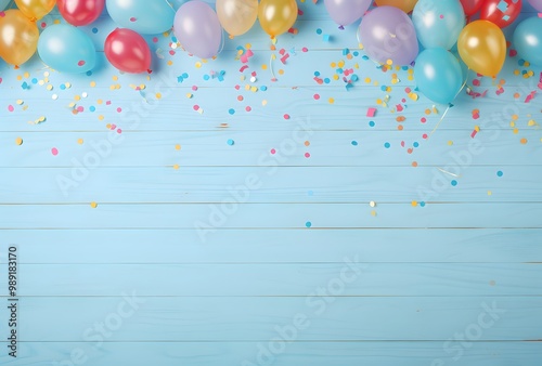 Colorful Balloons and Confetti on Blue Wooden Background