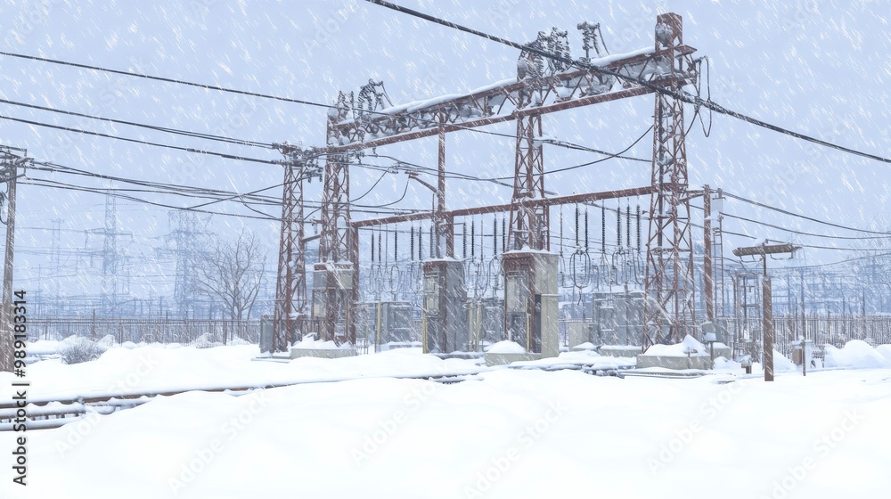 A power station overwhelmed by heavy snow, cables sagging under the weight, freezing cold air