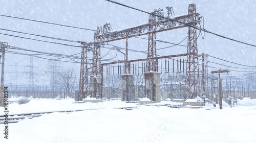 A power station overwhelmed by heavy snow, cables sagging under the weight, freezing cold air