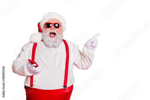 Advert ad laugh choose discount shopping choice people concept. Photo of amazed astonished tell you interesting information hipster modern santa demonstrating copy space isolated vivid background photo