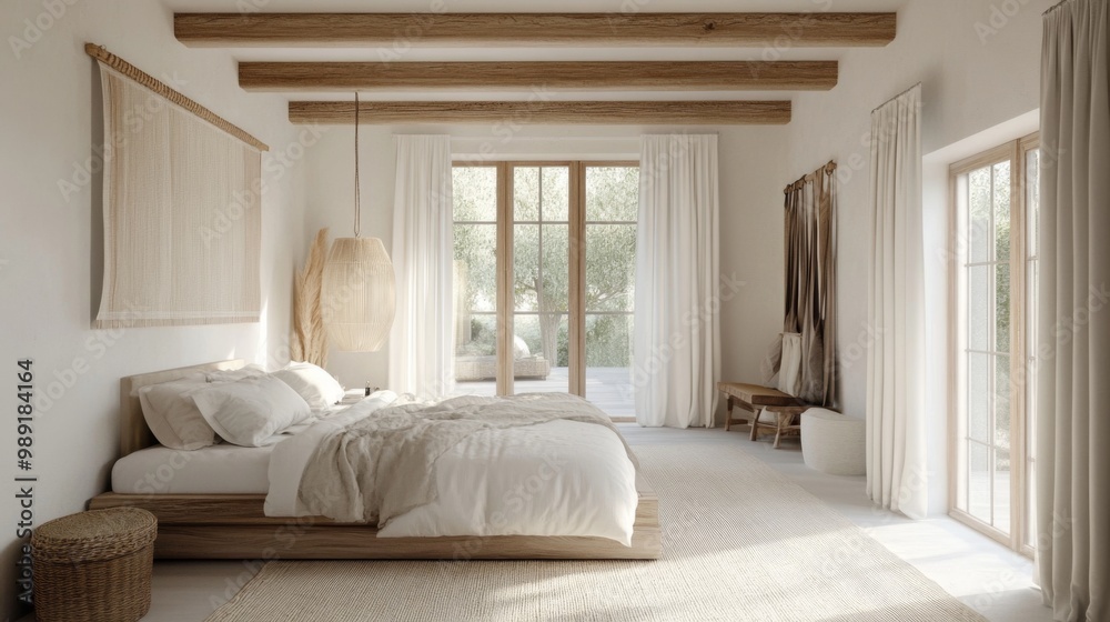 Fototapeta premium A serene bedroom in a Nordic house with white walls, wooden accents, and large windows allowing natural light to flow in, creating a peaceful retreat.
