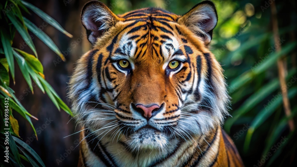 Fototapeta premium Close up of a fierce tiger in its natural forest habitat showcasing its intense gaze and rich fur colors amidst shadows