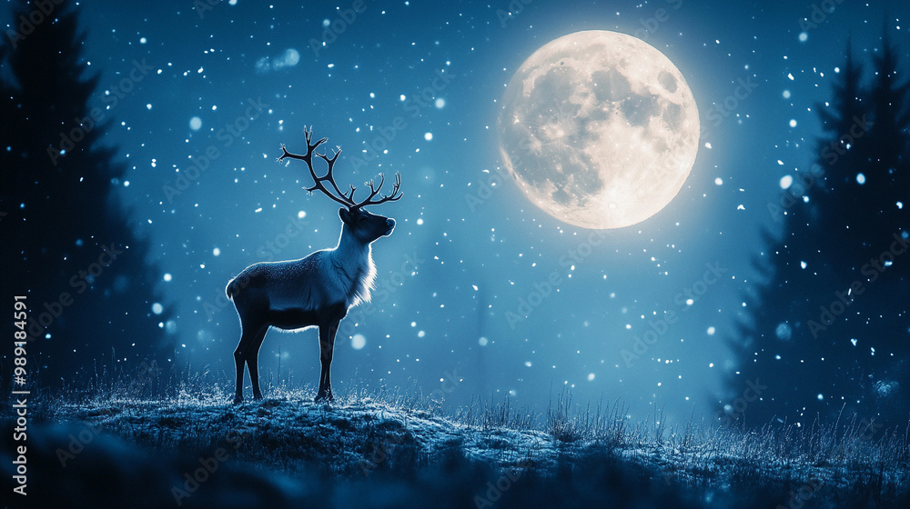 A reindeer stands proudly on a grassy hill under the big full moon, its breath visible as a mist in the cold winter air.
A reindeer stands proudly on a grassy hill under the big full moon, its breath visible as a mist in the cold winter air.