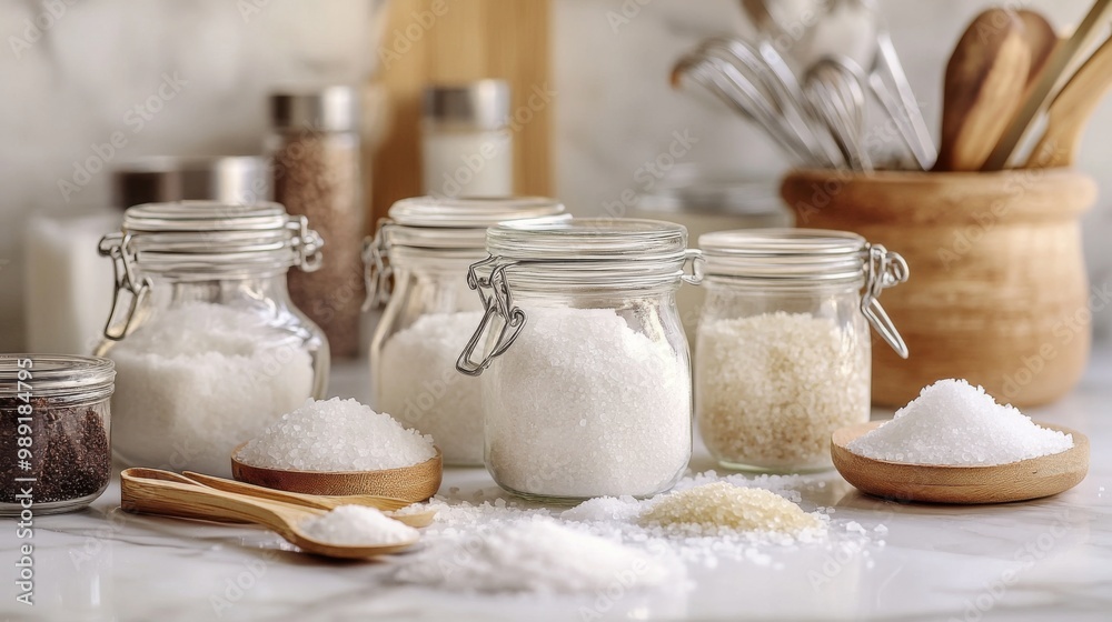 A serene kitchen countertop with jars of different salts, including cooking salt, alongside measuring spoons, emphasizing the art of cooking. A serene kitchen countertop with jars of different salts, including cooking salt, alongside measuring spoons, emphasizing the art of cooking.