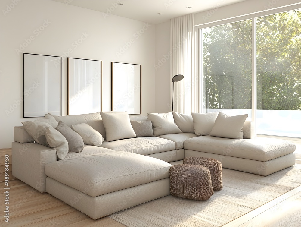 Cozy and inviting 3D rendered modern living room with a large comfortable sectional sofa minimalist and stylish decor natural light filtering through large windows Cozy and inviting 3D rendered modern living room with a large comfortable sectional sofa minimalist and stylish decor natural light filtering through large windows